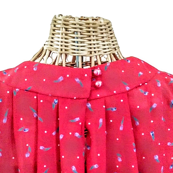 VTG 80's Blouson Waist Dress Red w/ Purple Tulips By Miss Oops California - Picture 4 of 7